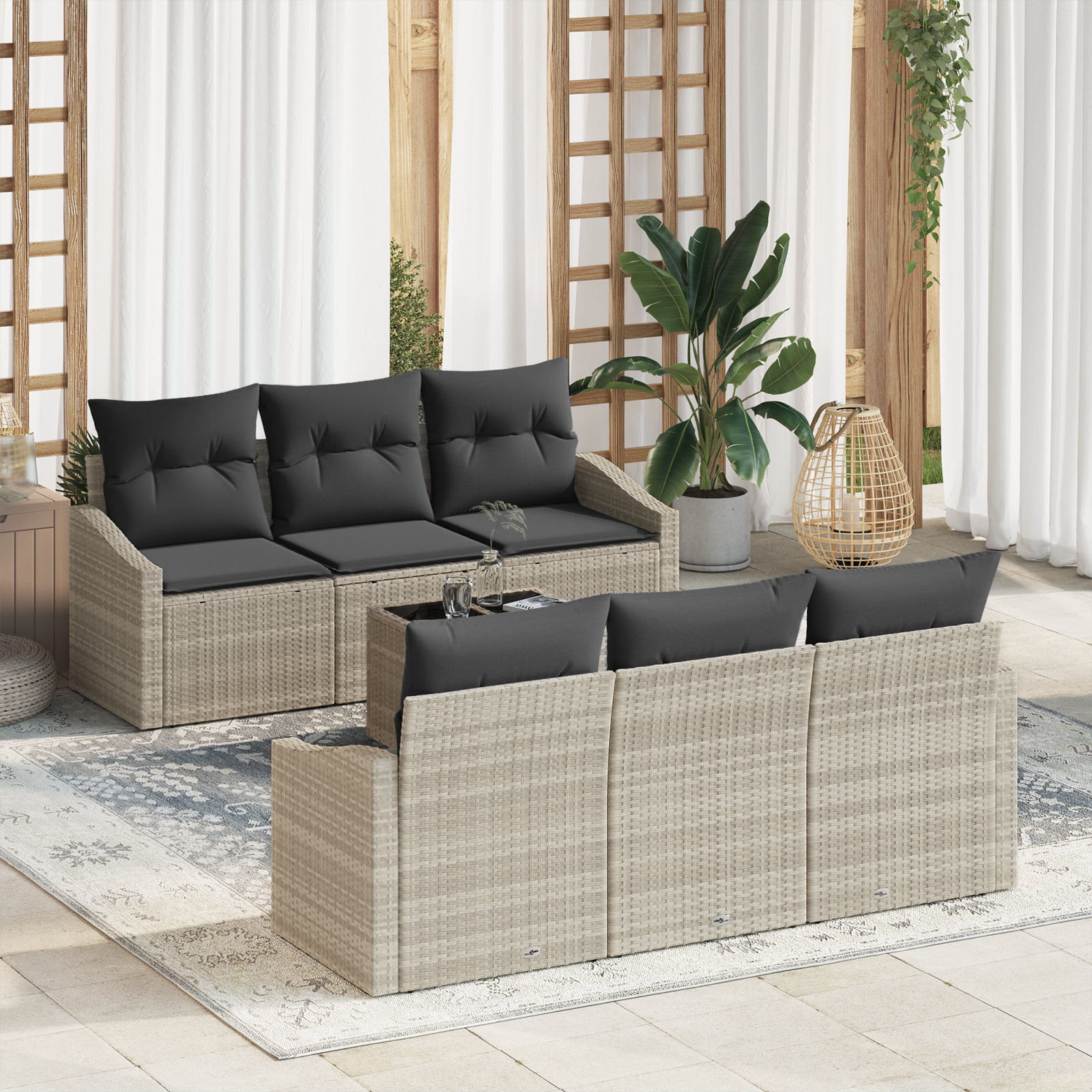 Set di Sofà da Giardino in 7 Pezzi con Cuscini Grigio Chiaro Rattan Polimerico