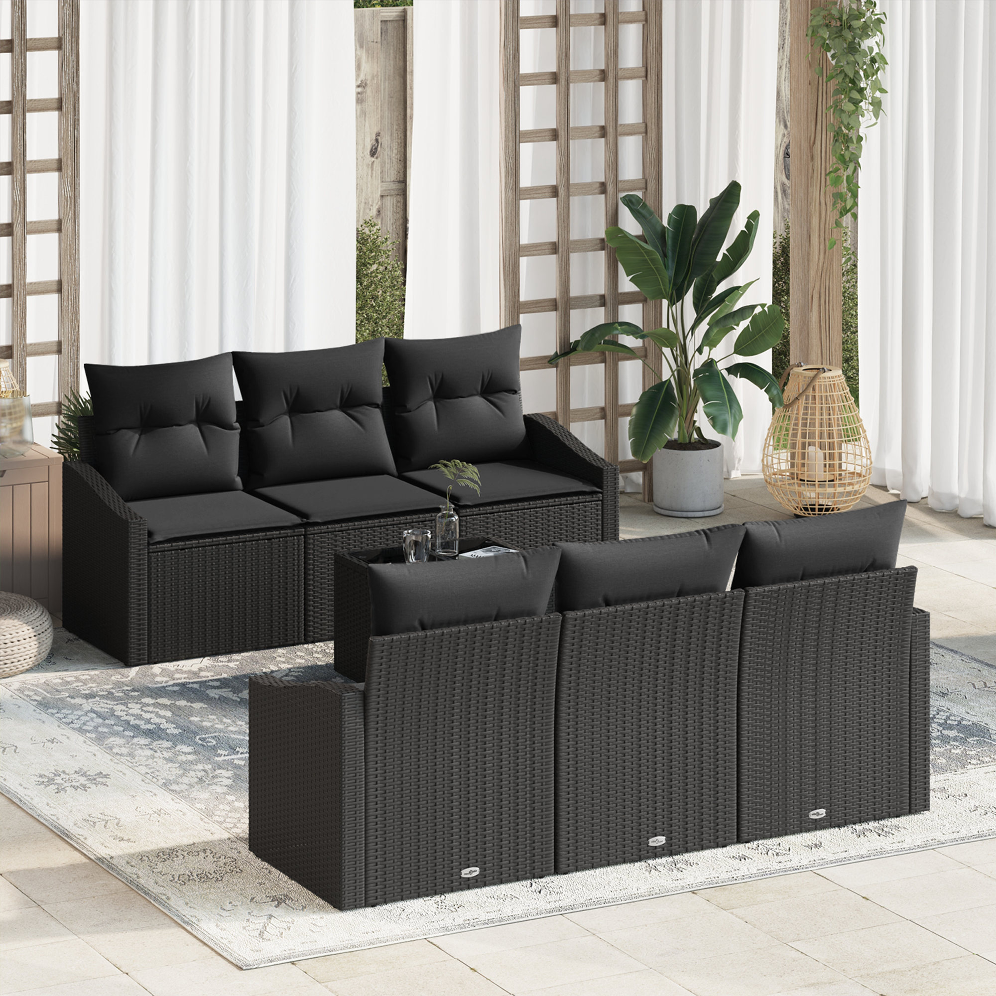 Set Divano da Giardino a 7 Pezzi con Cuscini Rattan Nero