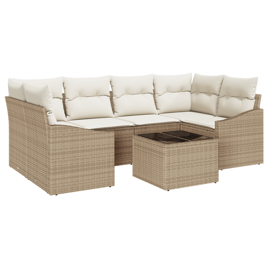 Set da Pranzo da Giardino 7 Pezzi con Cuscini Beige in Poly Rattan