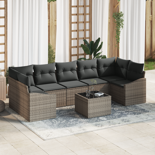 Set di divani da giardino in 8 pezzi con cuscini Grigio Rattan