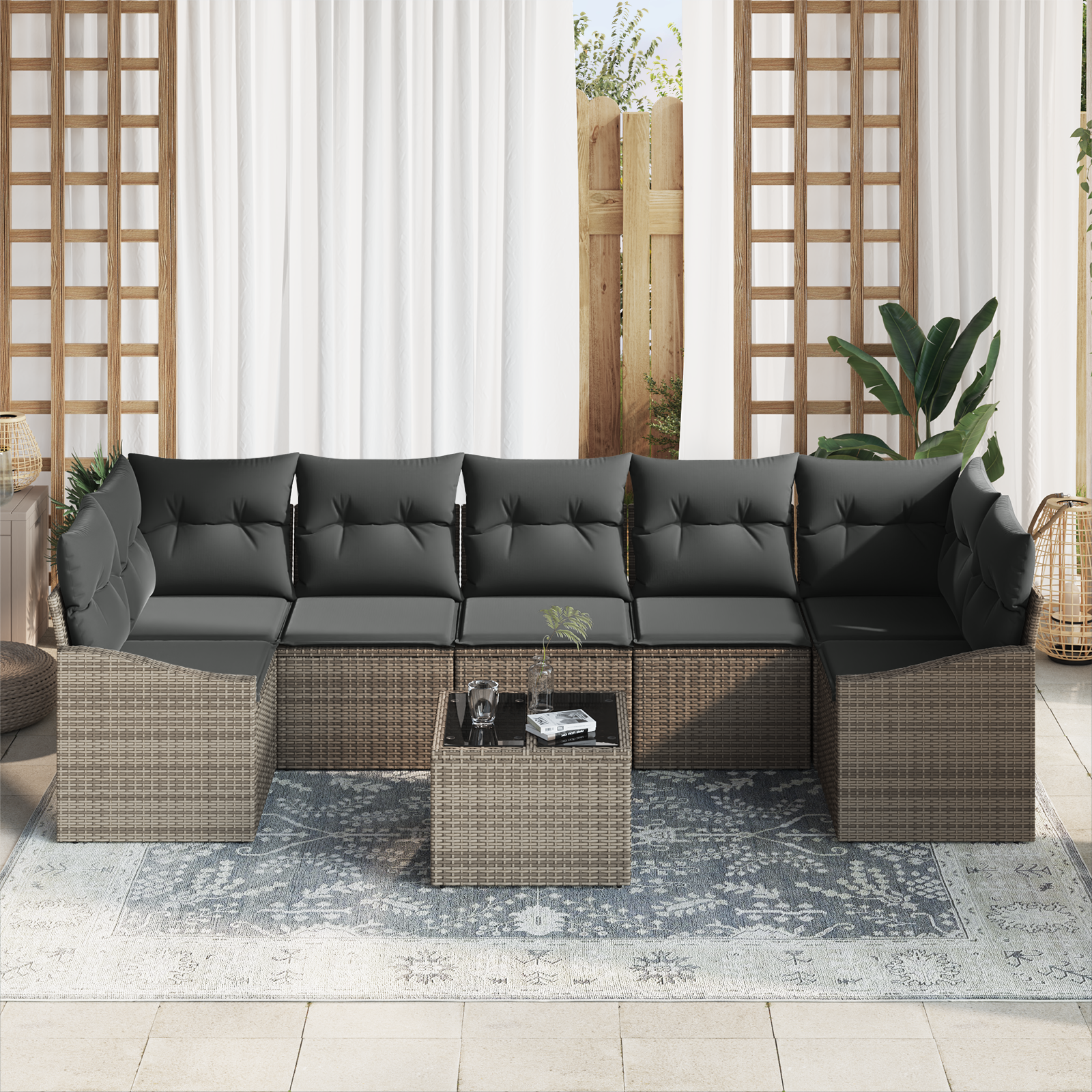 Set di divani da giardino in 8 pezzi con cuscini Grigio Rattan