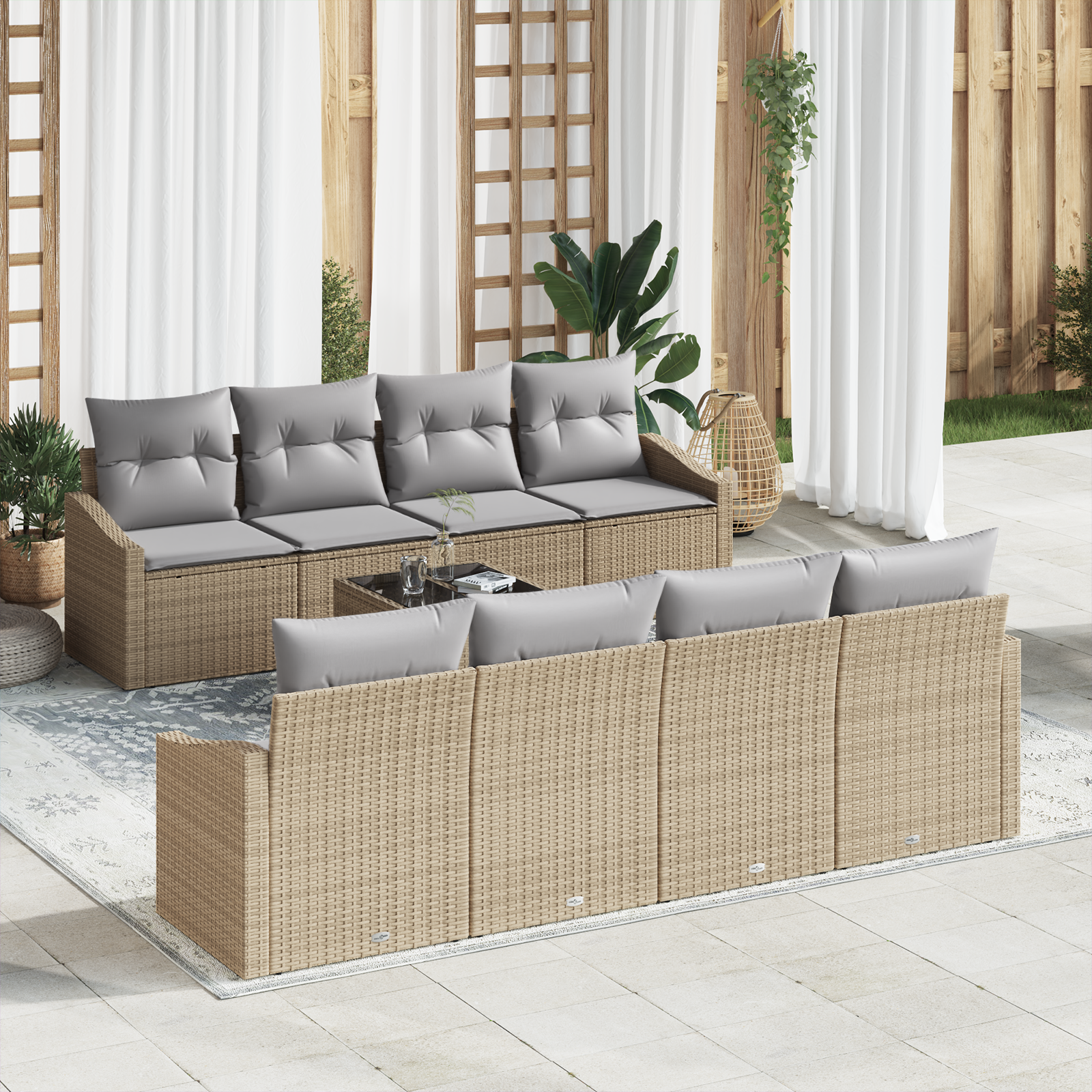 Set di divani da giardino 7 pezzi con cuscini beige in polyrattan