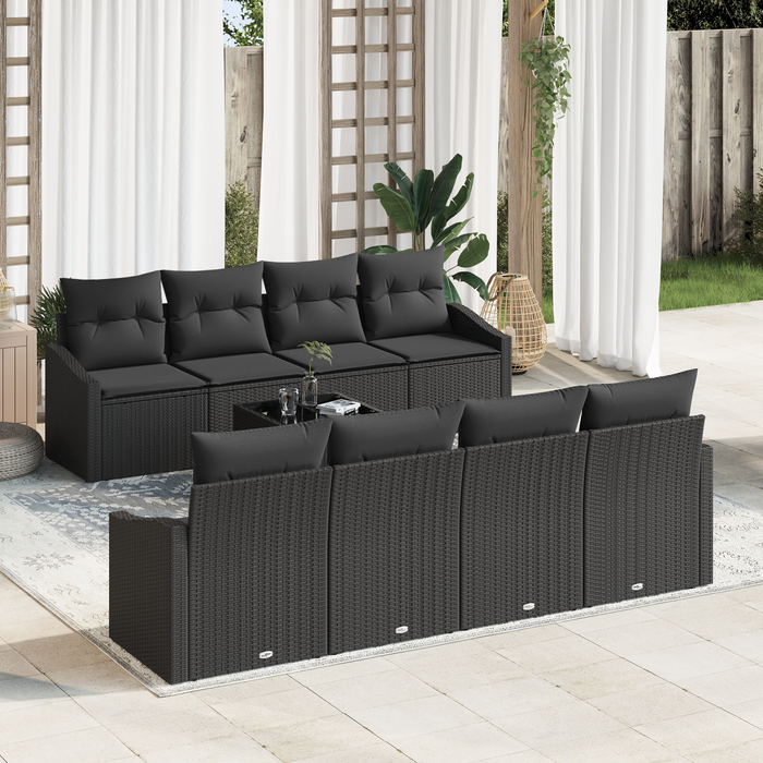 Set Divano da Giardino 7 Pezzi con Cuscini Nero Rattan Poly