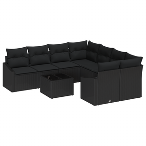 Set da Pranzo per Giardino 9 Pezzi con Cuscini in Polyrattan Nero