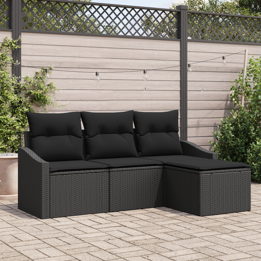 Set divano da giardino a 4 pezzi con cuscini in polyrattan nero
