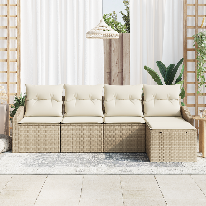 Set da Pranzo da Giardino 5 Pezzi con Cuscini Beige in Rattan Poliestere