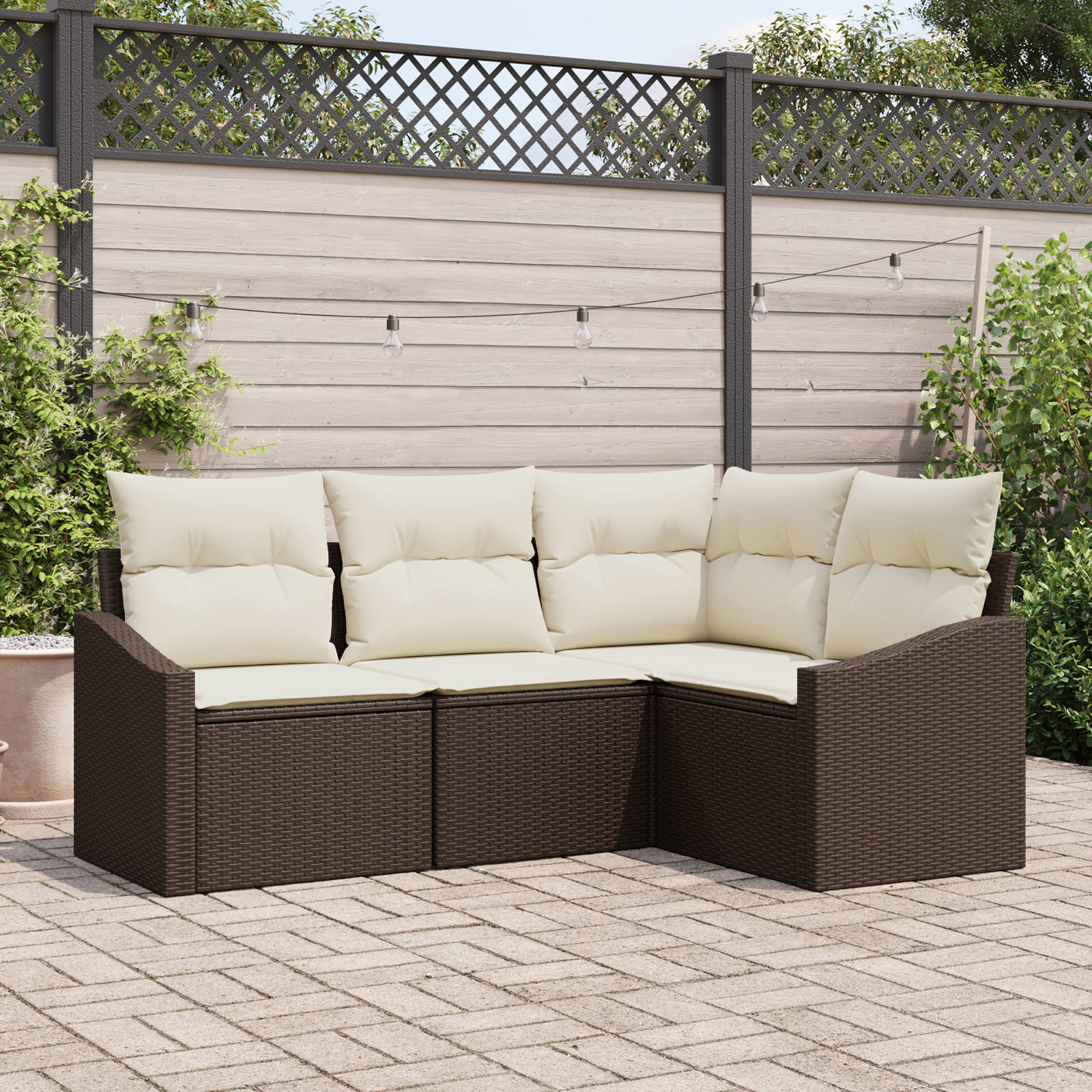 Set da pranzo da giardino a 4 pezzi con cuscini in polyrattan marrone