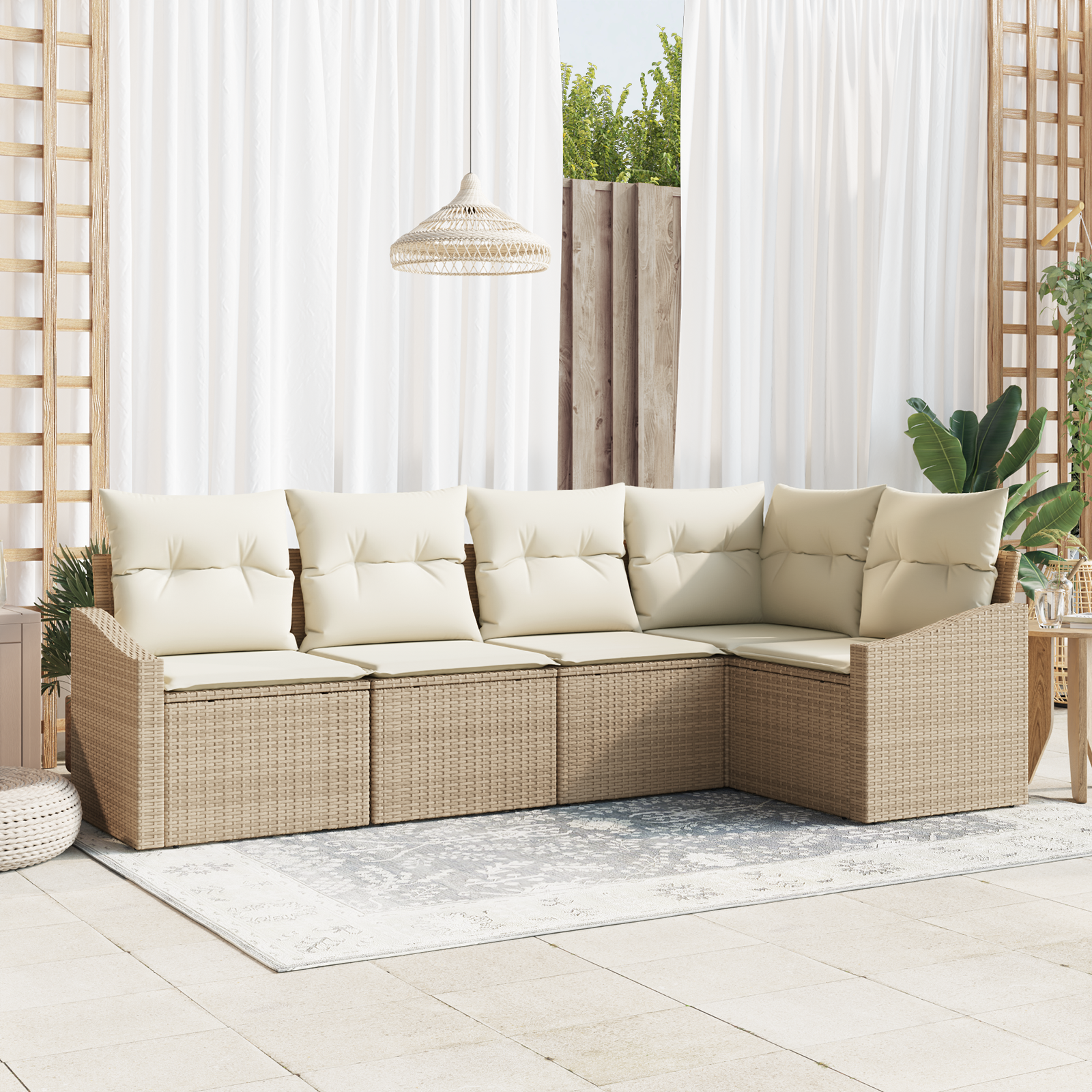 Set da pranzo da giardino 5 pezzi con cuscini in polyrattan beige