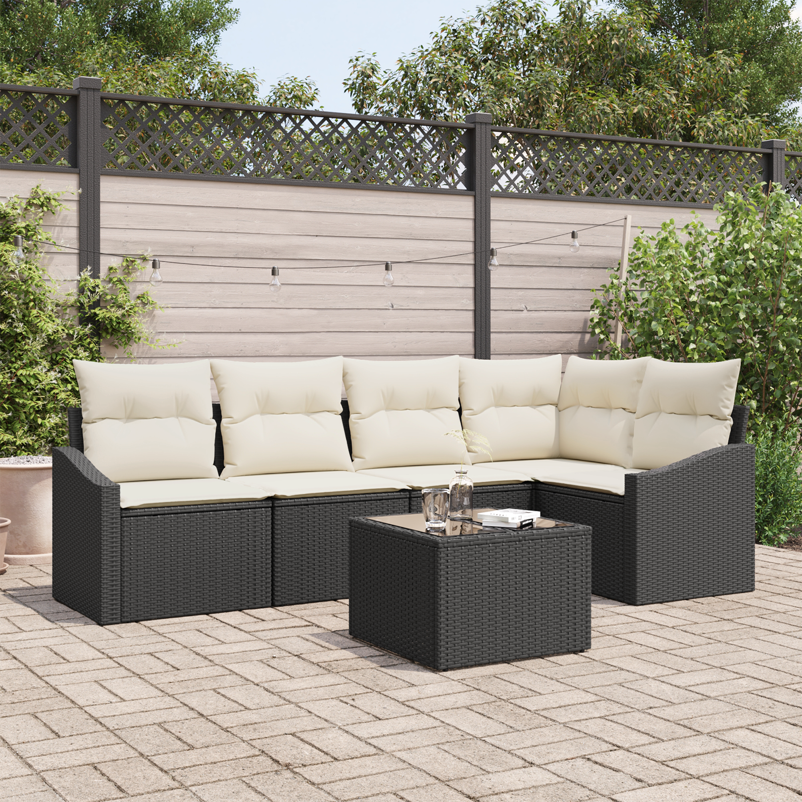 Set da pranzo da giardino 5 pezzi con cuscini in rattan poliestere marrone