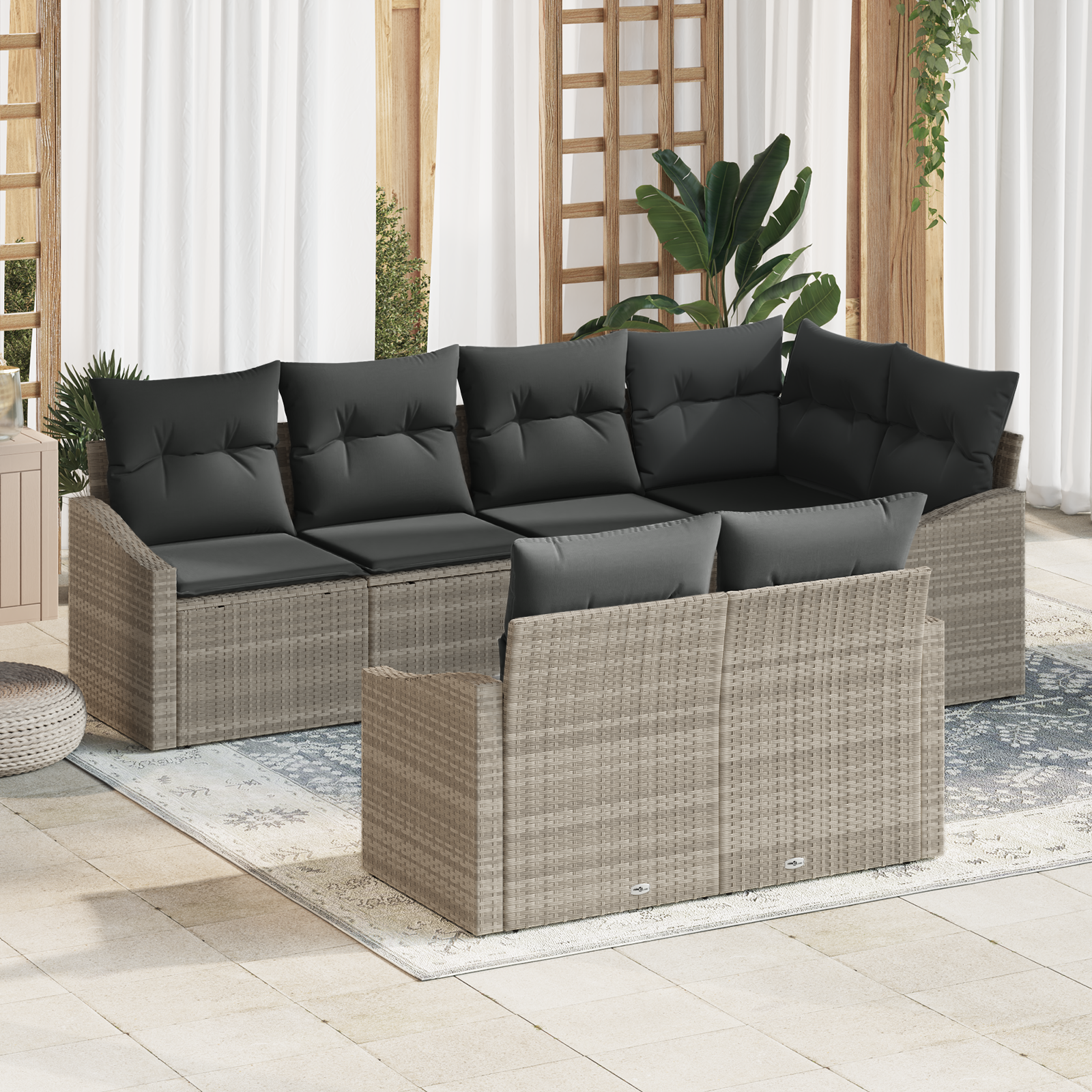 Set da giardino da 7 pezzi con cuscini grigio chiaro polirattan
