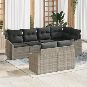 Set da giardino da 7 pezzi con cuscini grigio chiaro polirattan