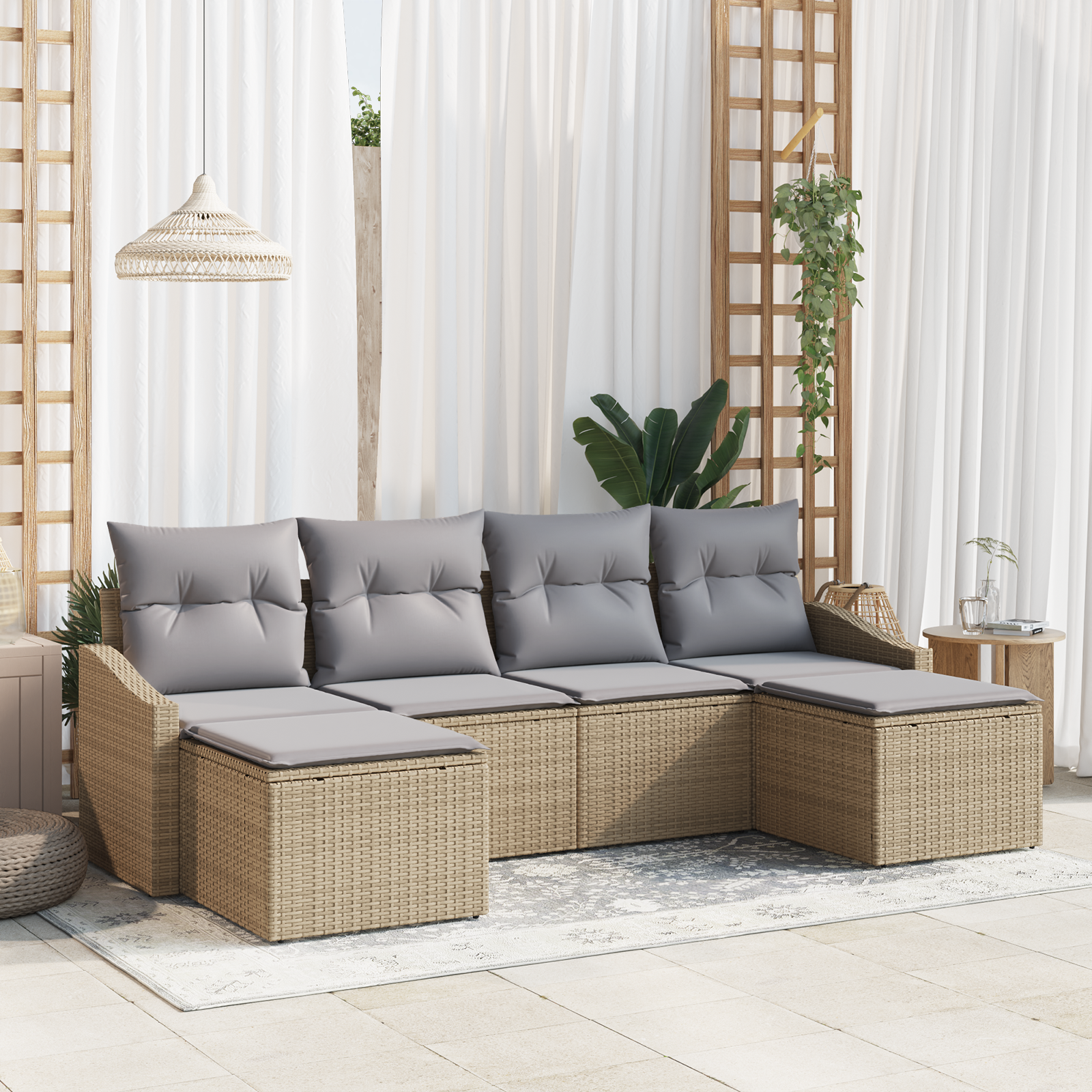 Set da Pranzo da Giardino 6 Pezzi con Cuscini Beige Polyrattan