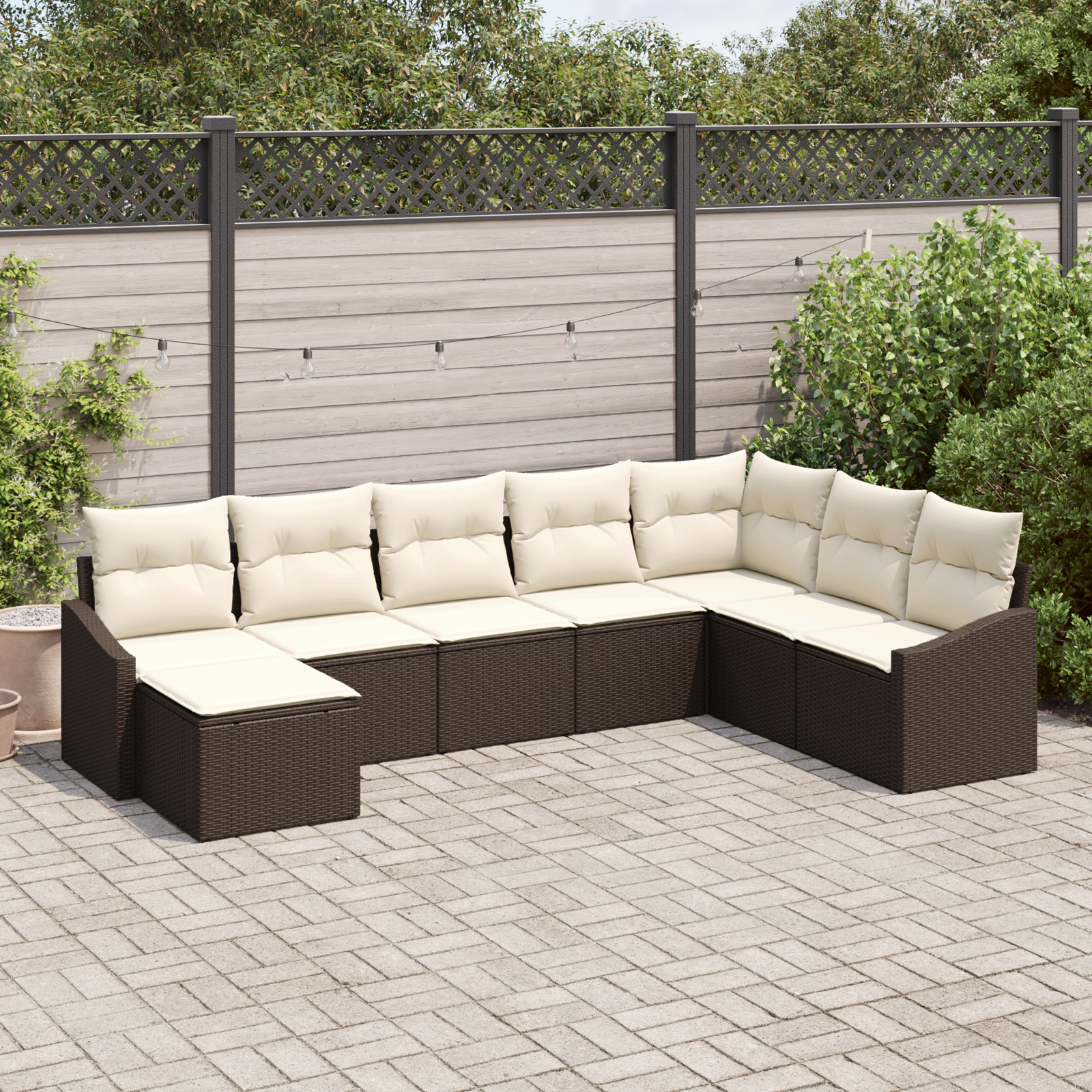 Set pranzo giardino di 8 pezzi con cuscini in polyrattan marrone