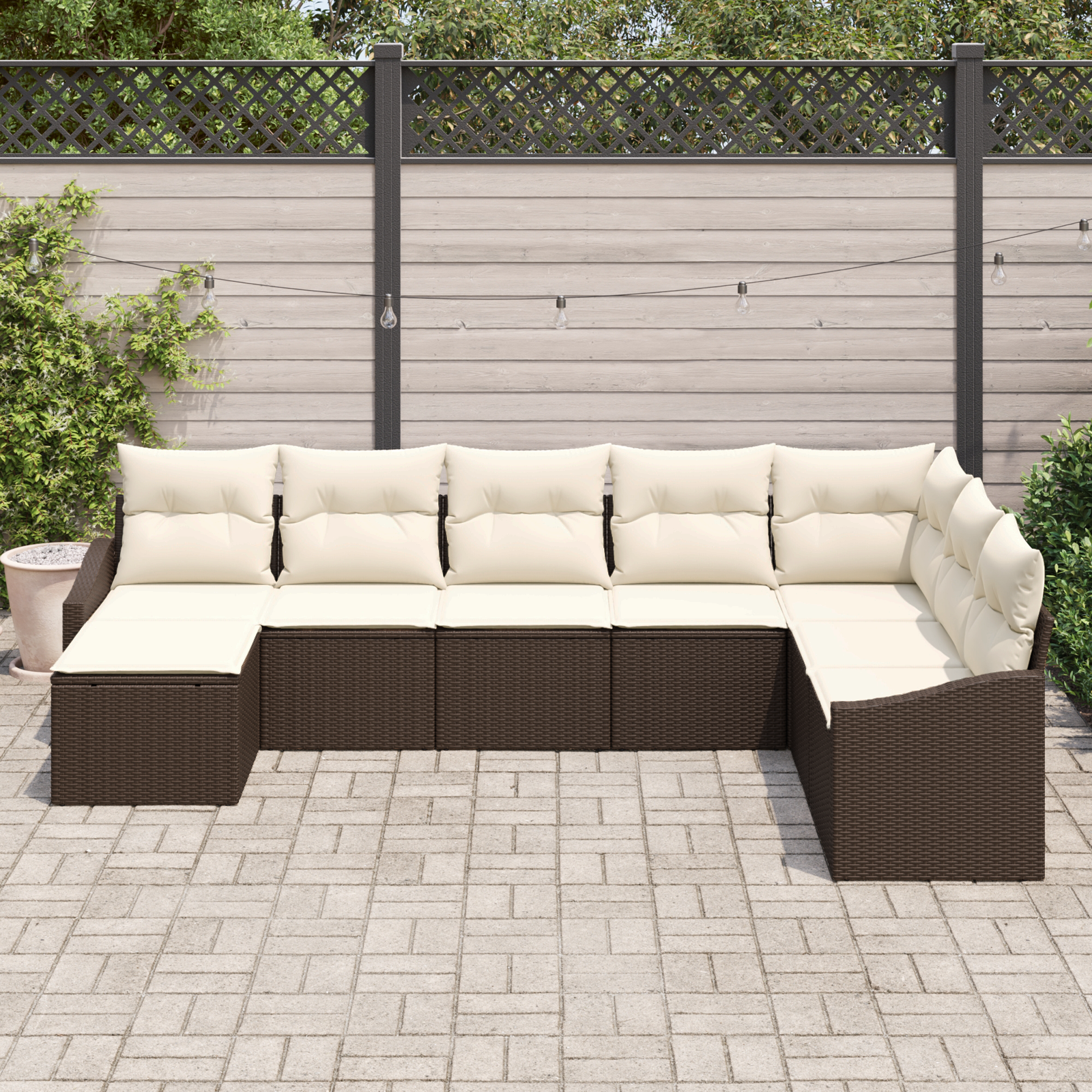 Set pranzo giardino di 8 pezzi con cuscini in polyrattan marrone