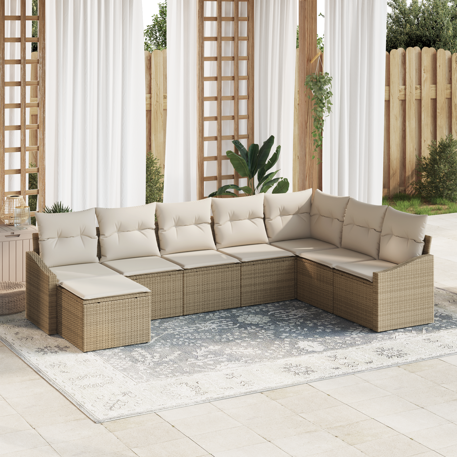 Set da Pranzo da Giardino 8 Pezzi con Cuscini Beige Polyrattan
