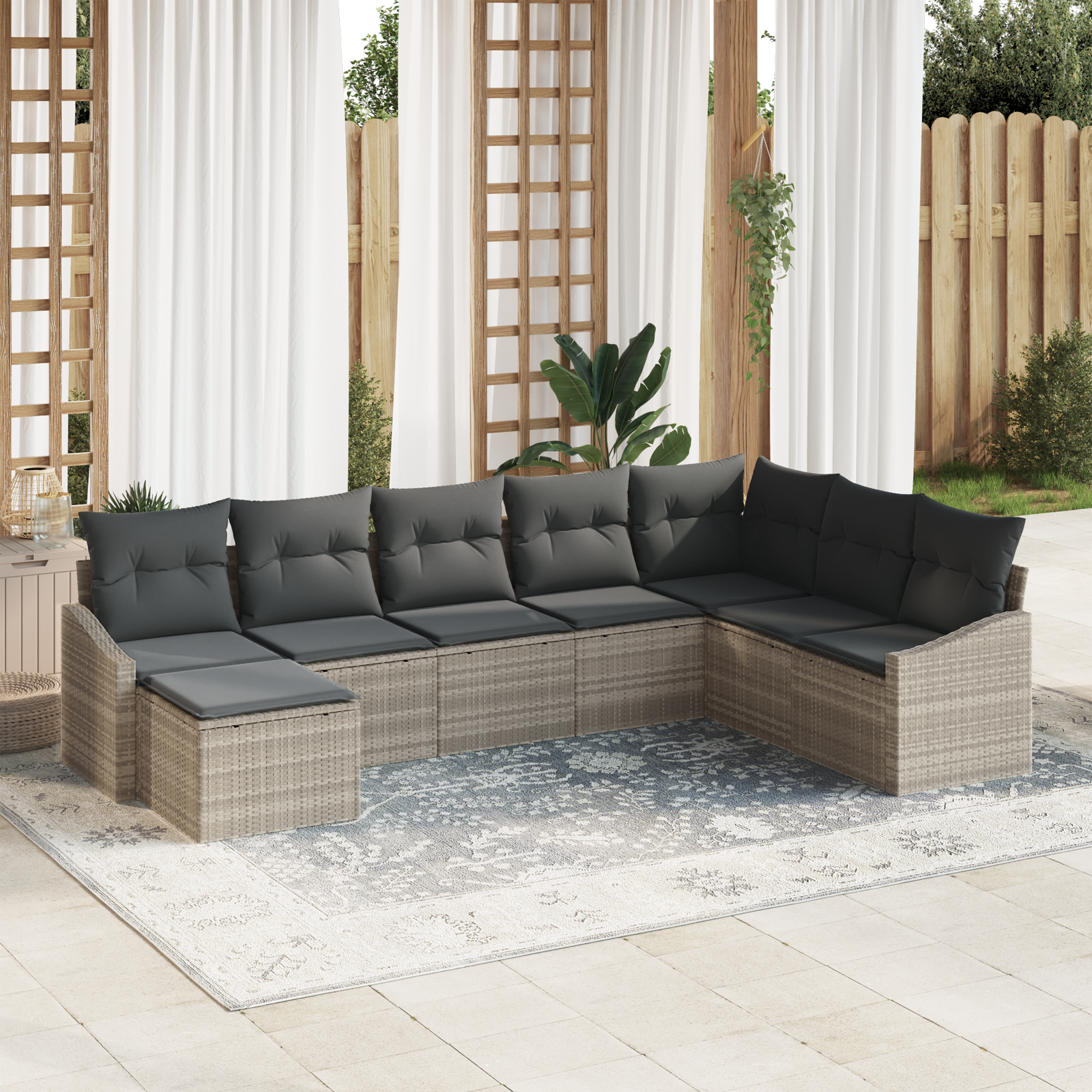 Set da Giardino da 8 Pezzi con Cuscini Grigio Chiaro in Polyrattan
