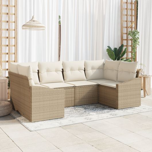 Set Divano da Giardino 6 Pezzi con Cuscini Beige Poly Rattan