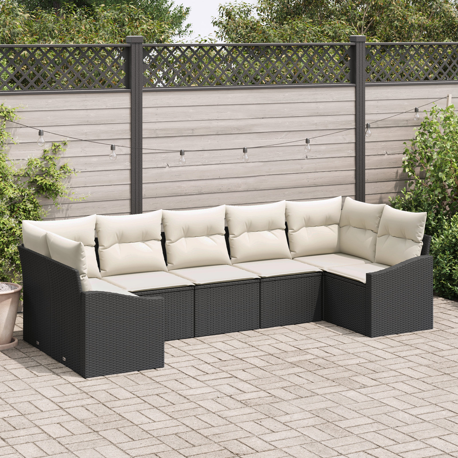 Set da Giardino 7 Pezzi con Cuscini in Rattan Sintetico Nero