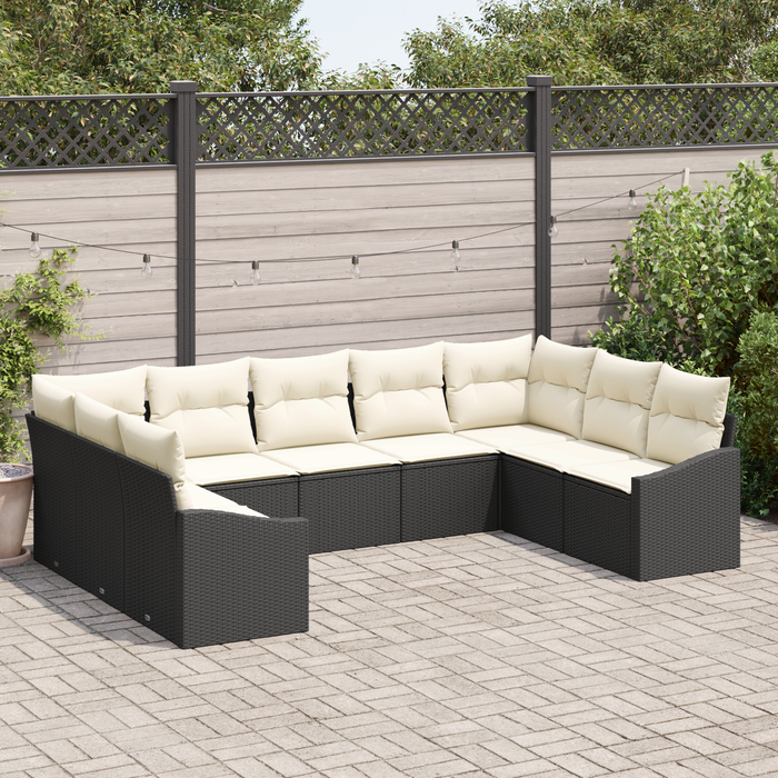 Set da Pranzo per Giardino di 9 Pezzi con Cuscini in Rattan Nero