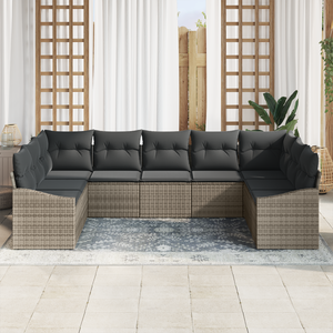 Set Giardino 9 Pezzi con Cuscini Grigio Polirattan