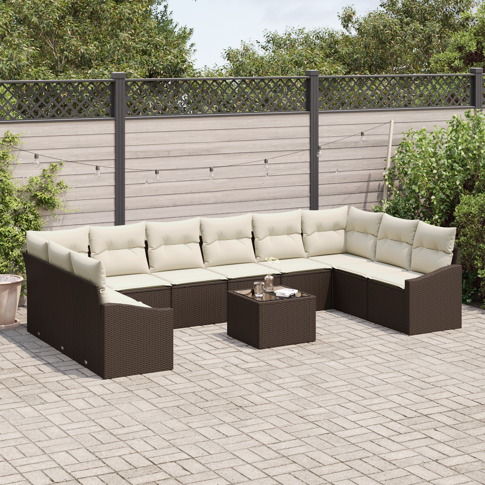 Set da pranzo da giardino 10 pezzi con cuscini Grigio Polyrattan
