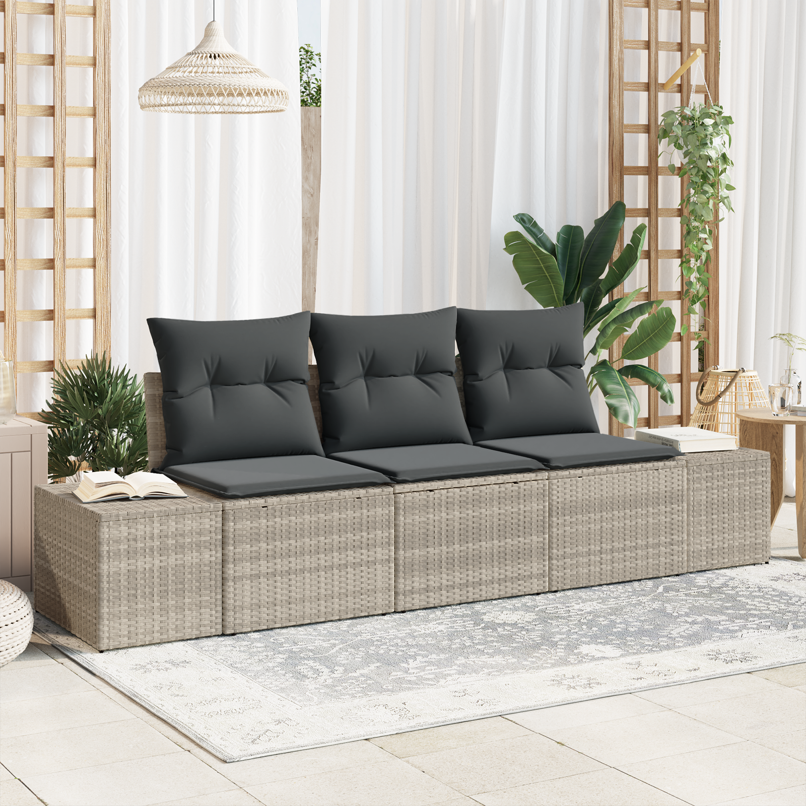 Set divani giardino a 3 pezzi con cuscini grigio chiaro polyrattan