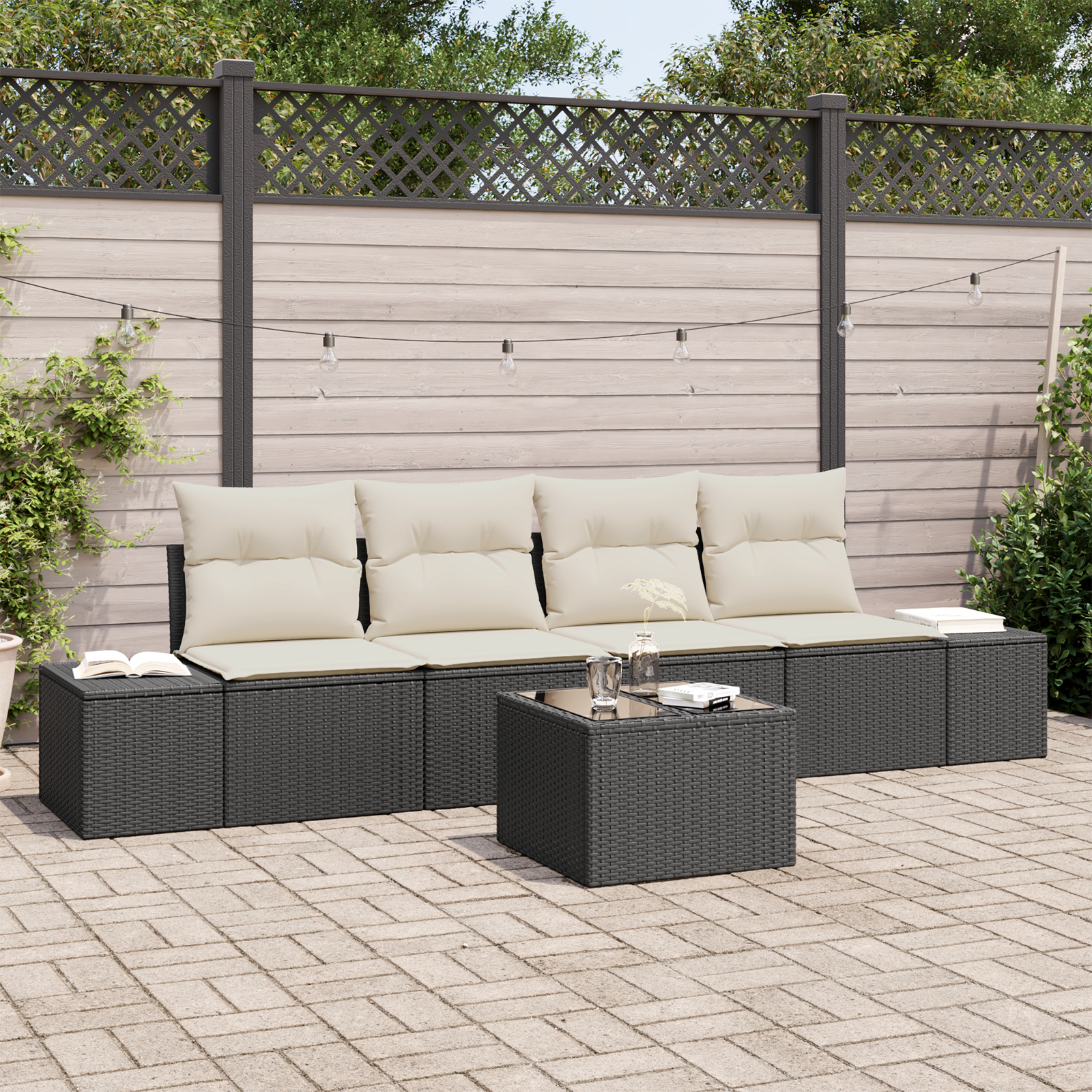 Set Divano da Giardino da 5 Pezzi con Cuscini Nero Rattan Poly