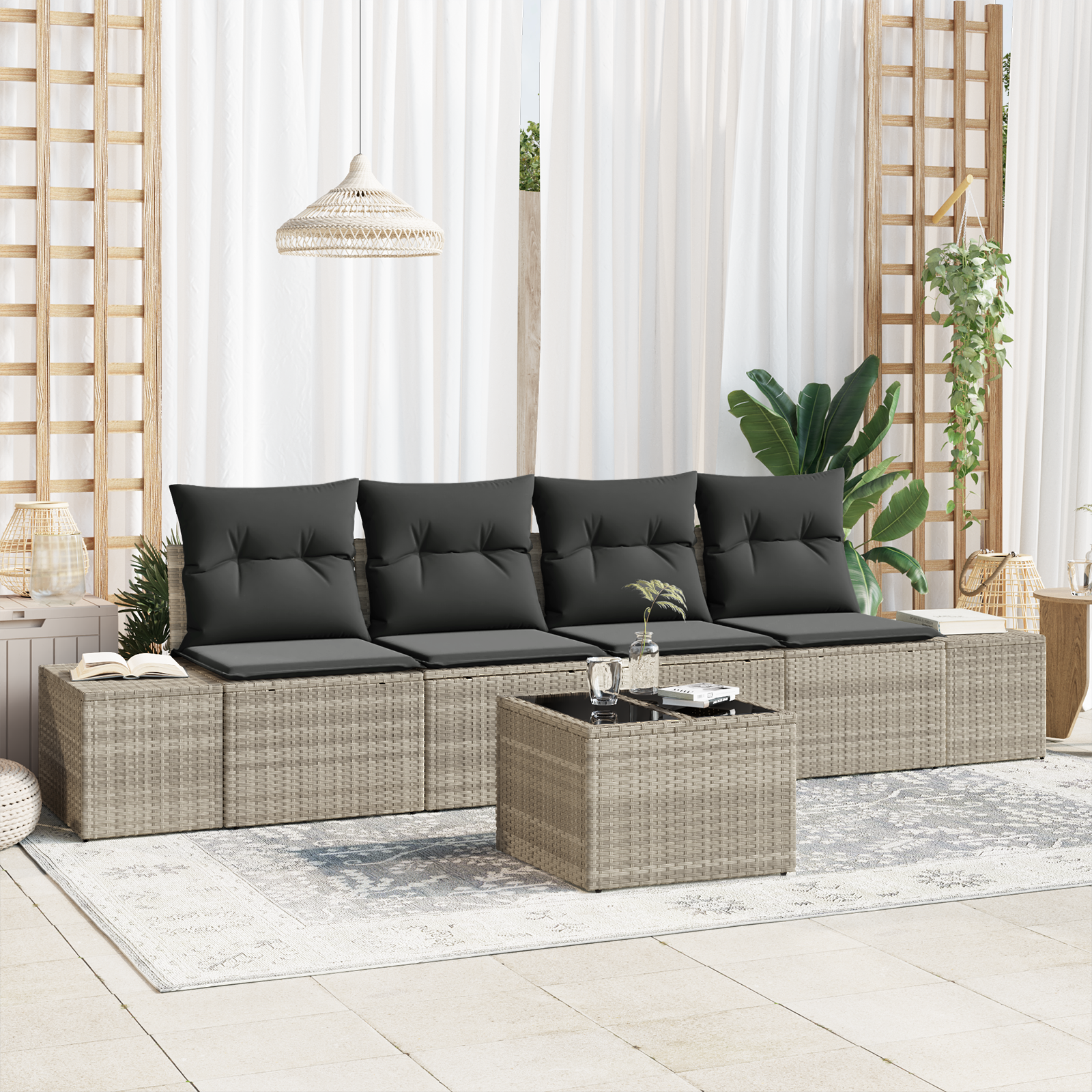 Set Divano da Giardino da 5 Pezzi con Cuscini Grigio Chiaro Polyrattan