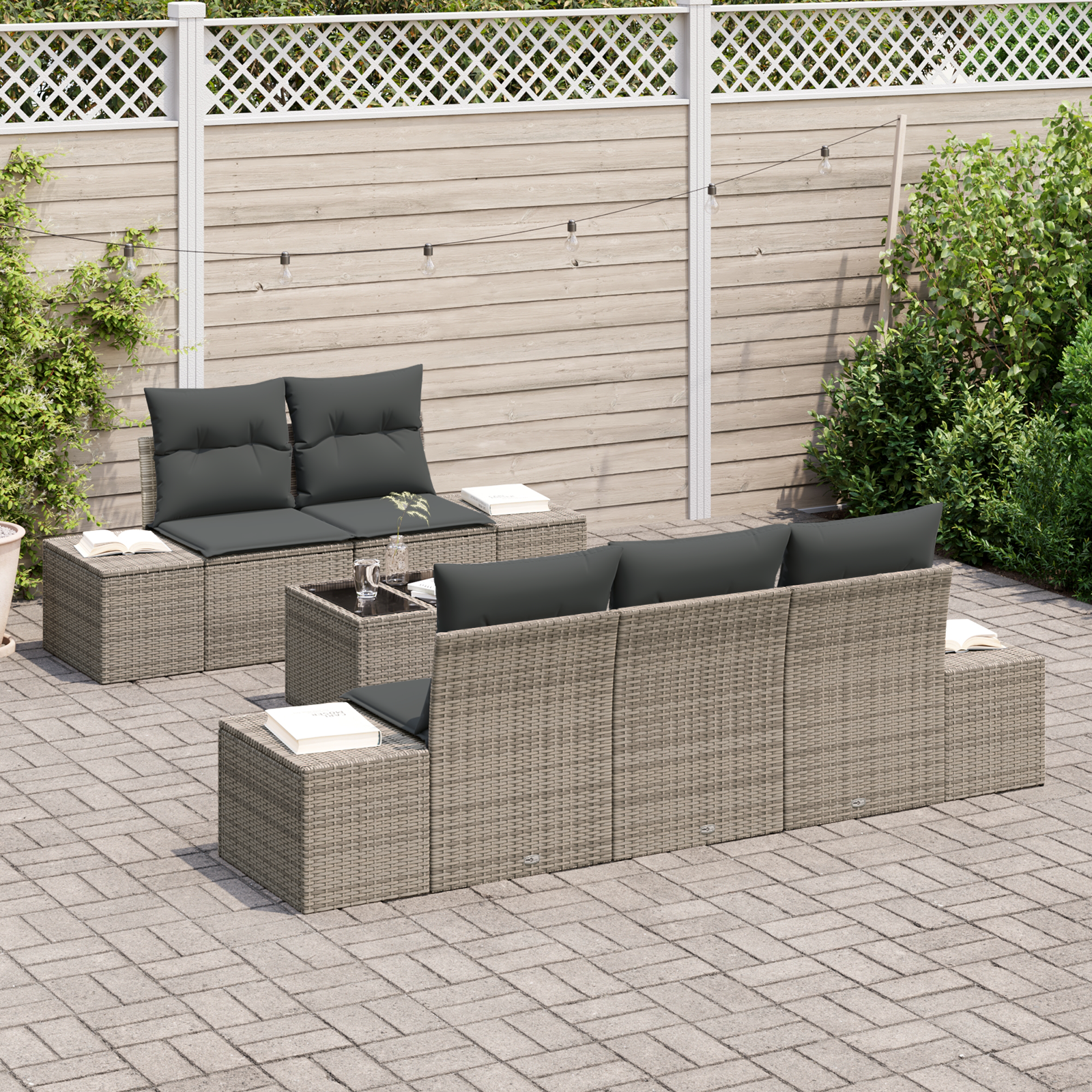 Set di divani da giardino da 6 pezzi con cuscini in rattan grigio