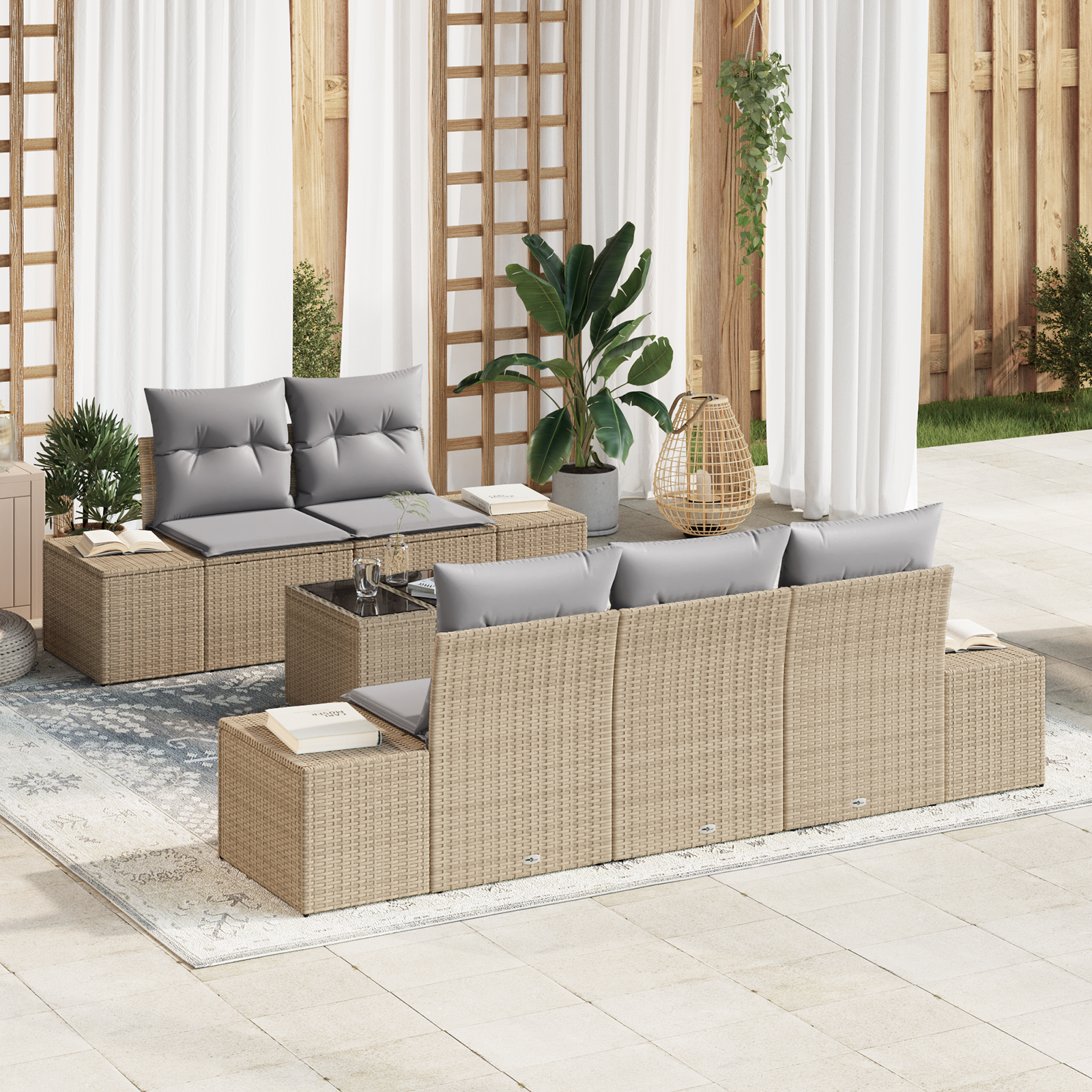 Set Divano da Giardino 6 Pezzi con Cuscini Beige in Polyrattan