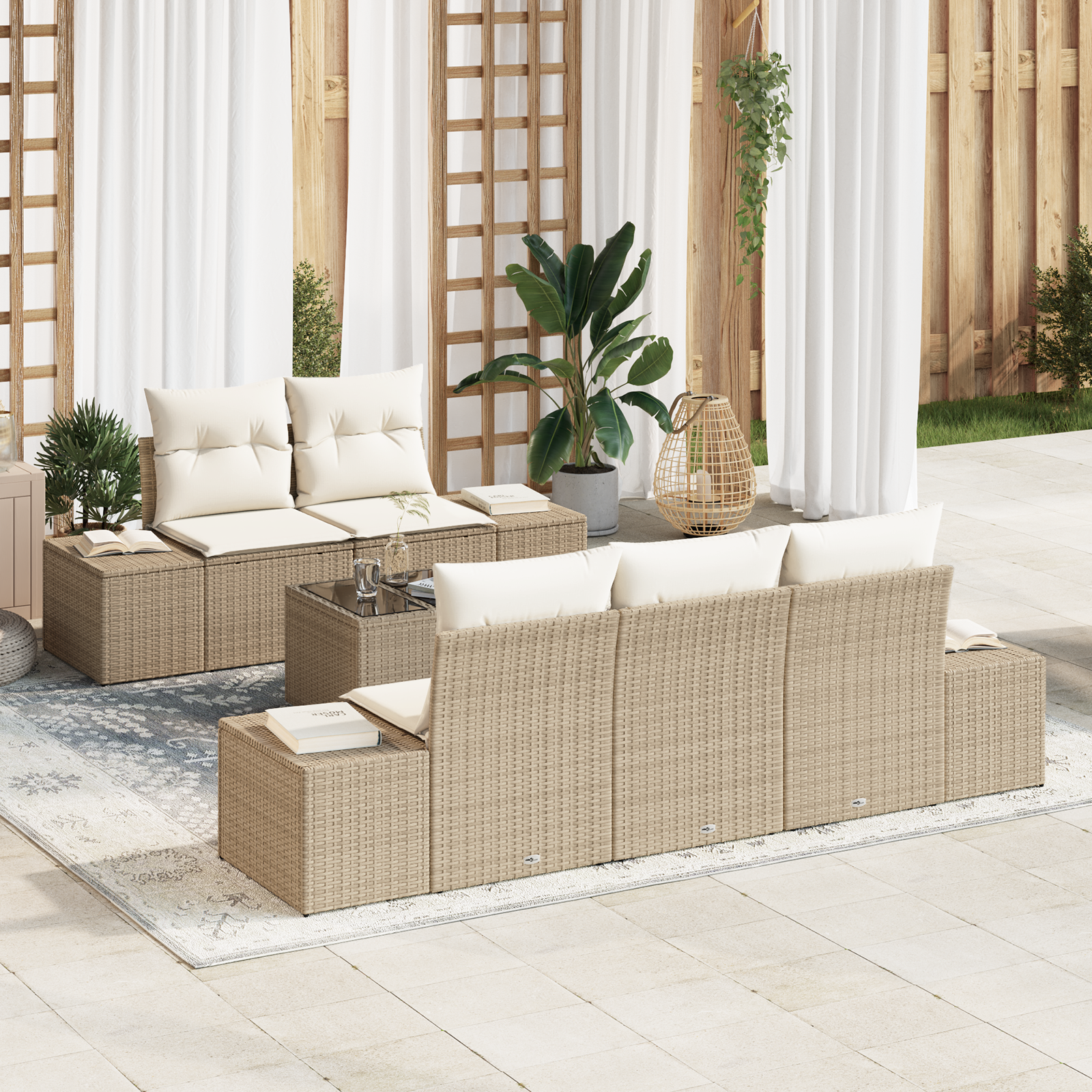 Set Divano 6 Pezzi da Giardino con Cuscini Beige Polyrattan
