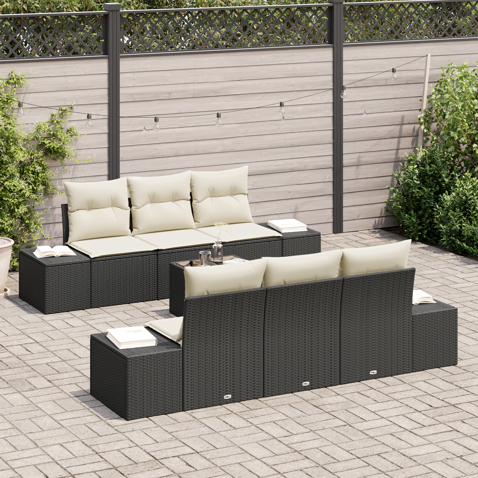 Set di divani da giardino in 7 pezzi con cuscini in polyrattan nero