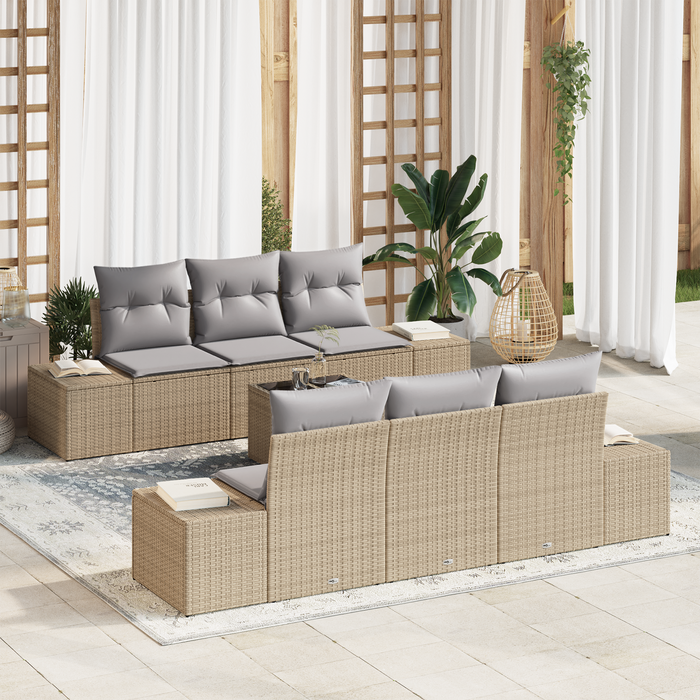 Set di divano da giardino 7 pezzi con cuscini beige in rattan poliestere