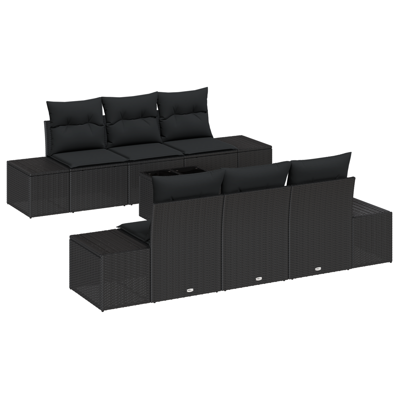 Set di divano da giardino 7 pezzi con cuscini in polyrattan nero