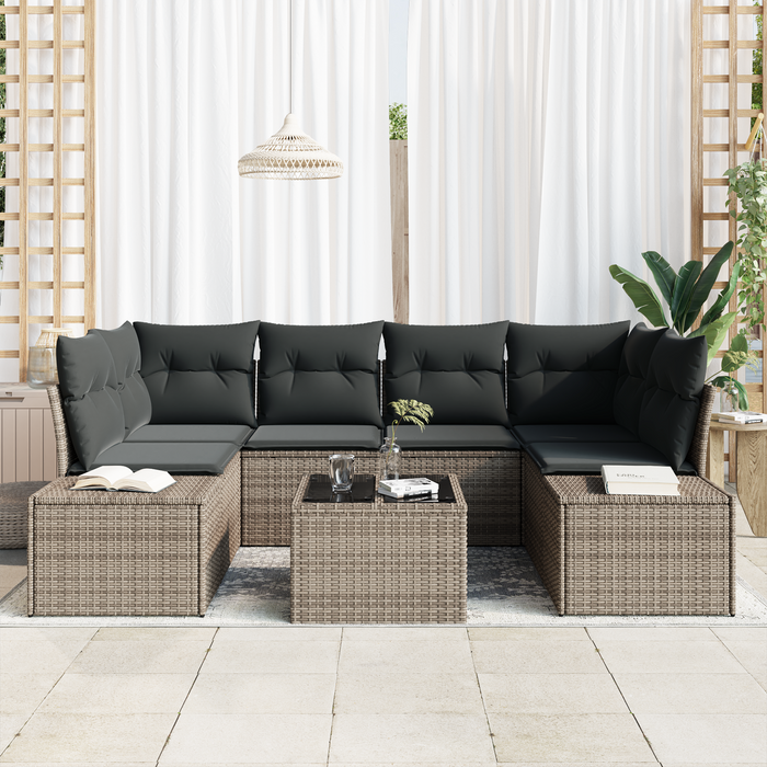 Set di Divani da Giardino da 7 Pezzi con Cuscini Grigio in Polyrattan