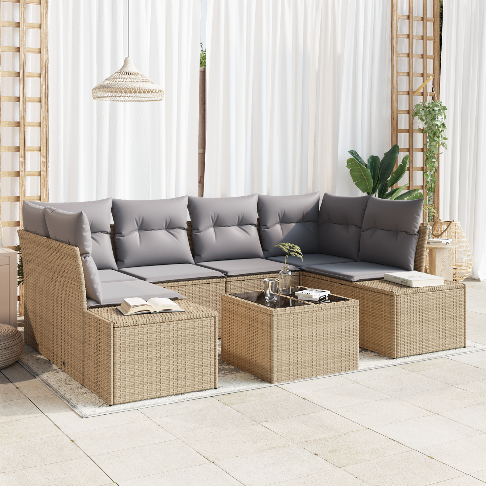Set divano 7 pezzi giardino con cuscini beige polyrattan