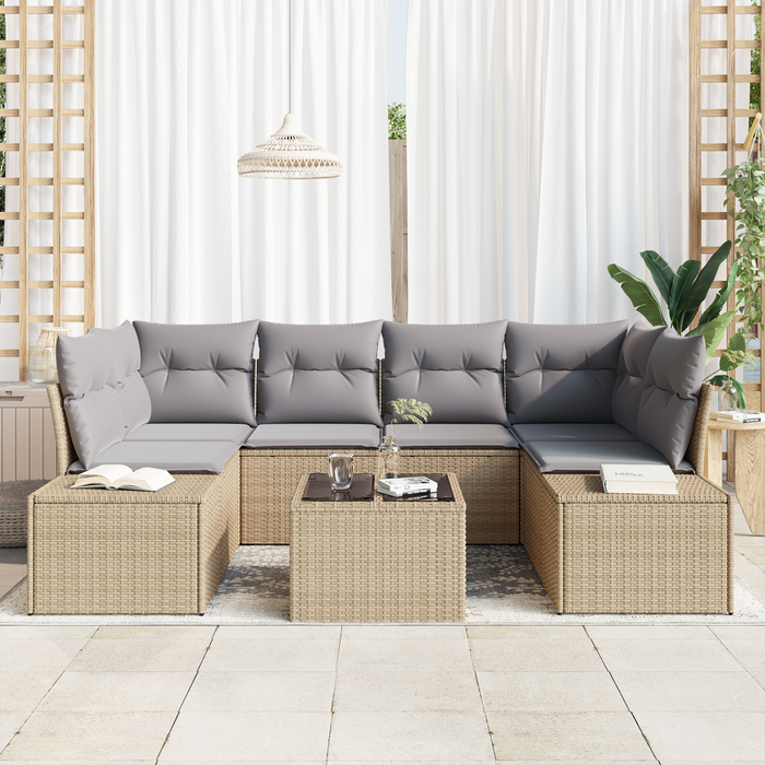 Set divano 7 pezzi giardino con cuscini beige polyrattan