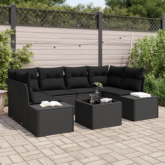 Set Divano da Giardino 7 Pezzi con Cuscini Nero Polyrattan