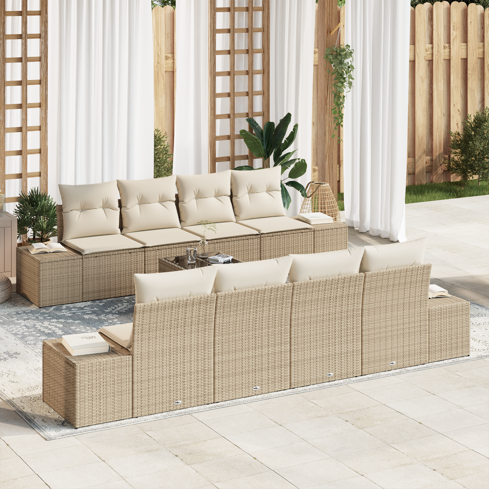 Set Divano da Giardino 7 Pezzi con Cuscini Beige Rattan Poliestere
