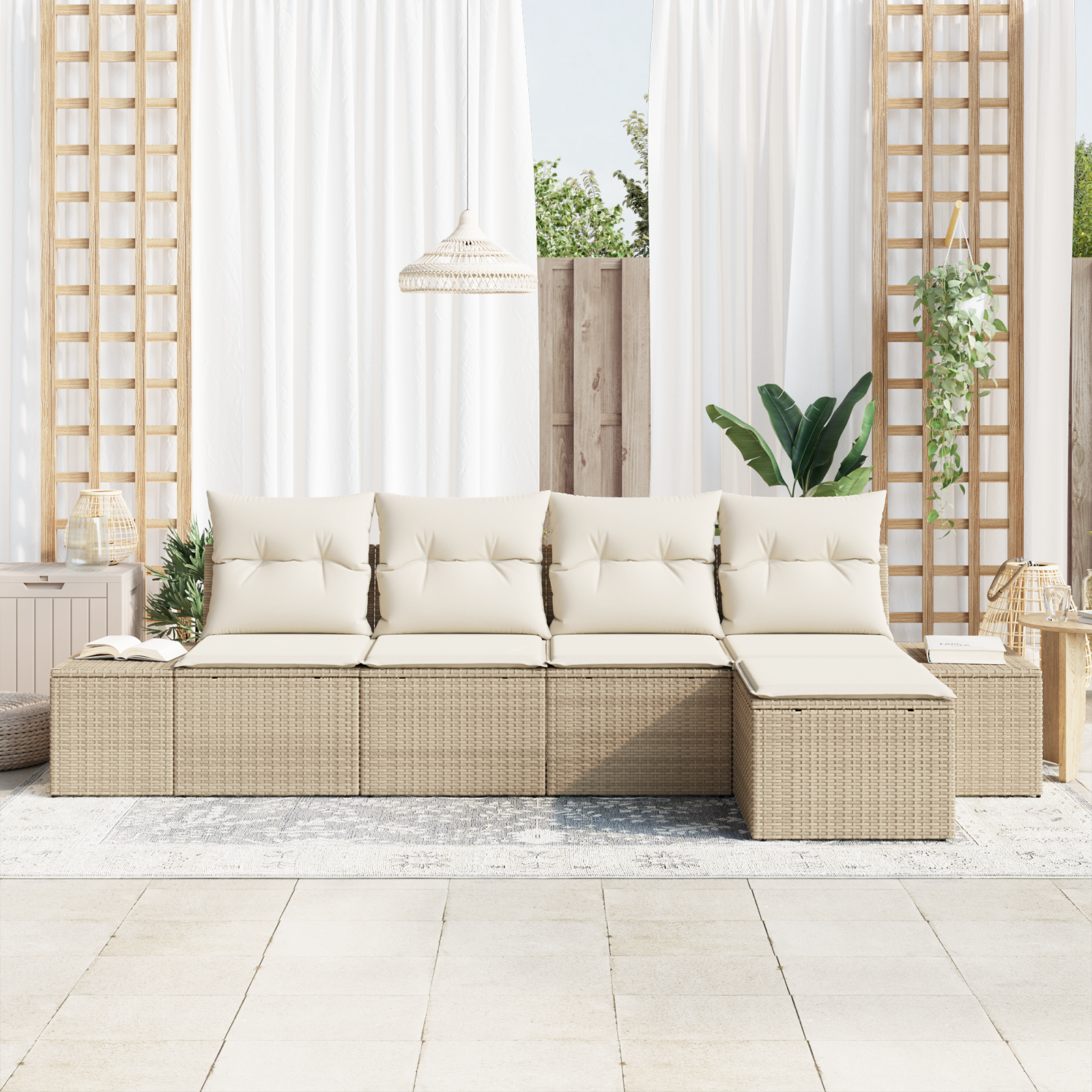 Set Divano da Giardino di 5 Pezzi con Cuscini Beige in Polyrattan