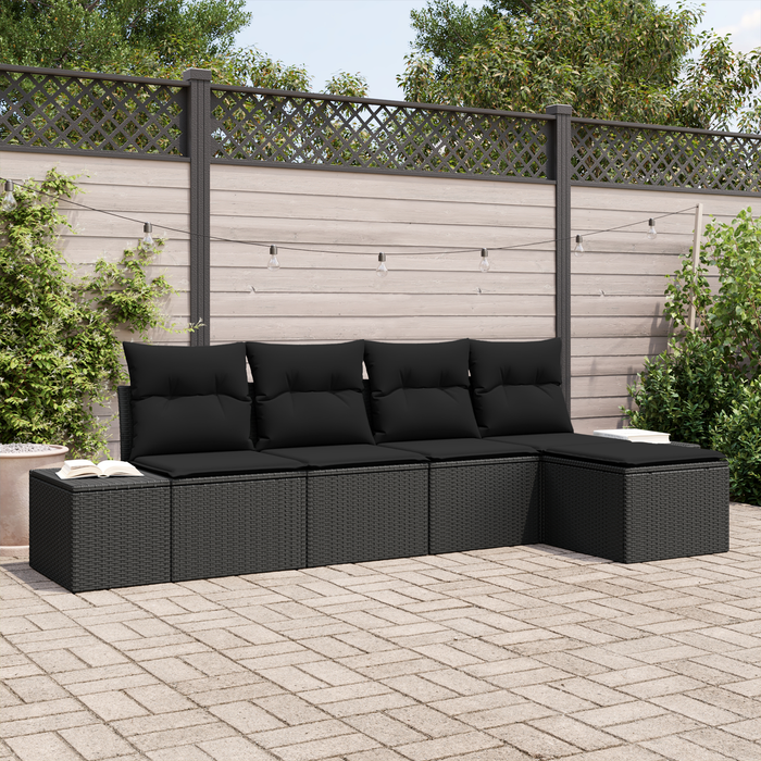 Set di Divani da Giardino da 5 Pezzi con Cuscini in Polyrattan Nero