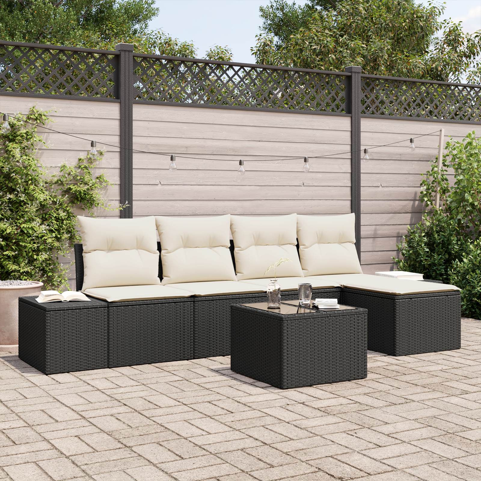 Set Divano da Giardino in 5 Pezzi con Cuscini Marrone in Polyrattan