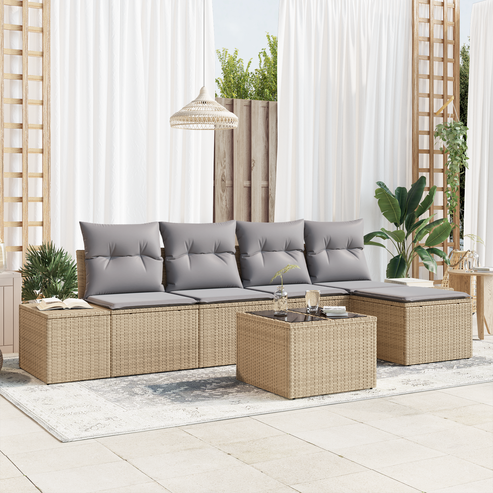 Set divano giardino 6 pezzi con cuscini polyrattan neri