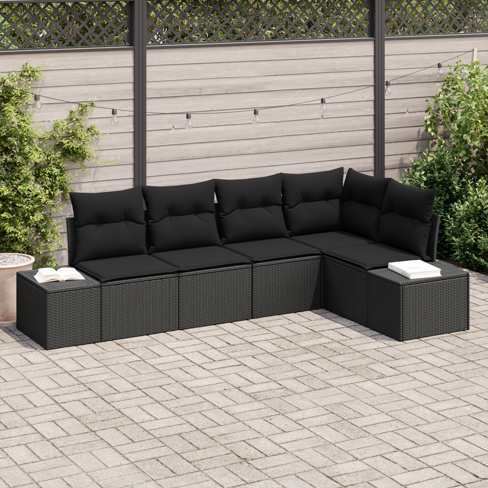 Set di divani da giardino 5 pezzi con cuscini neri in polyrattan