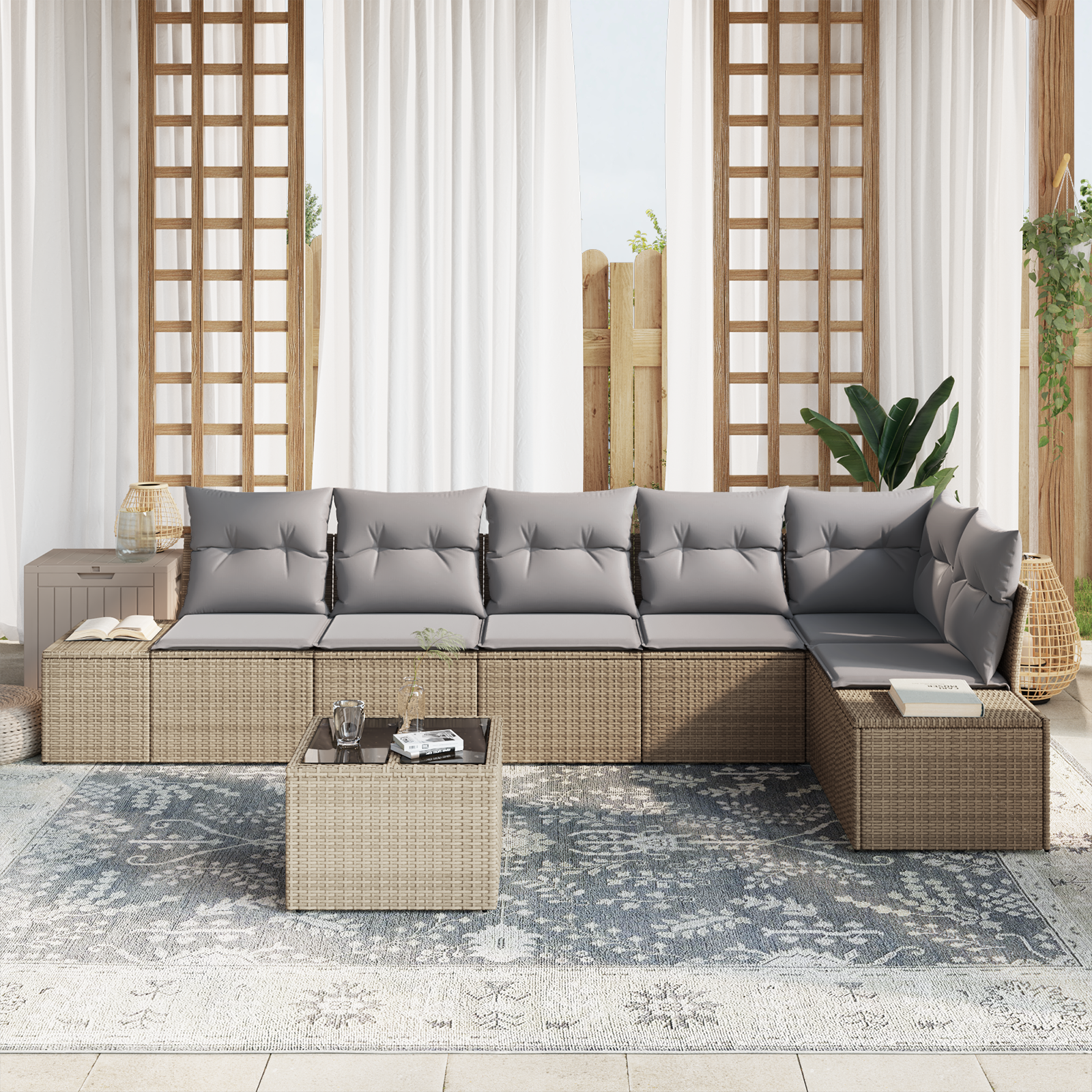 Set di divani da giardino da 7 pezzi con cuscini neri in polyrattan