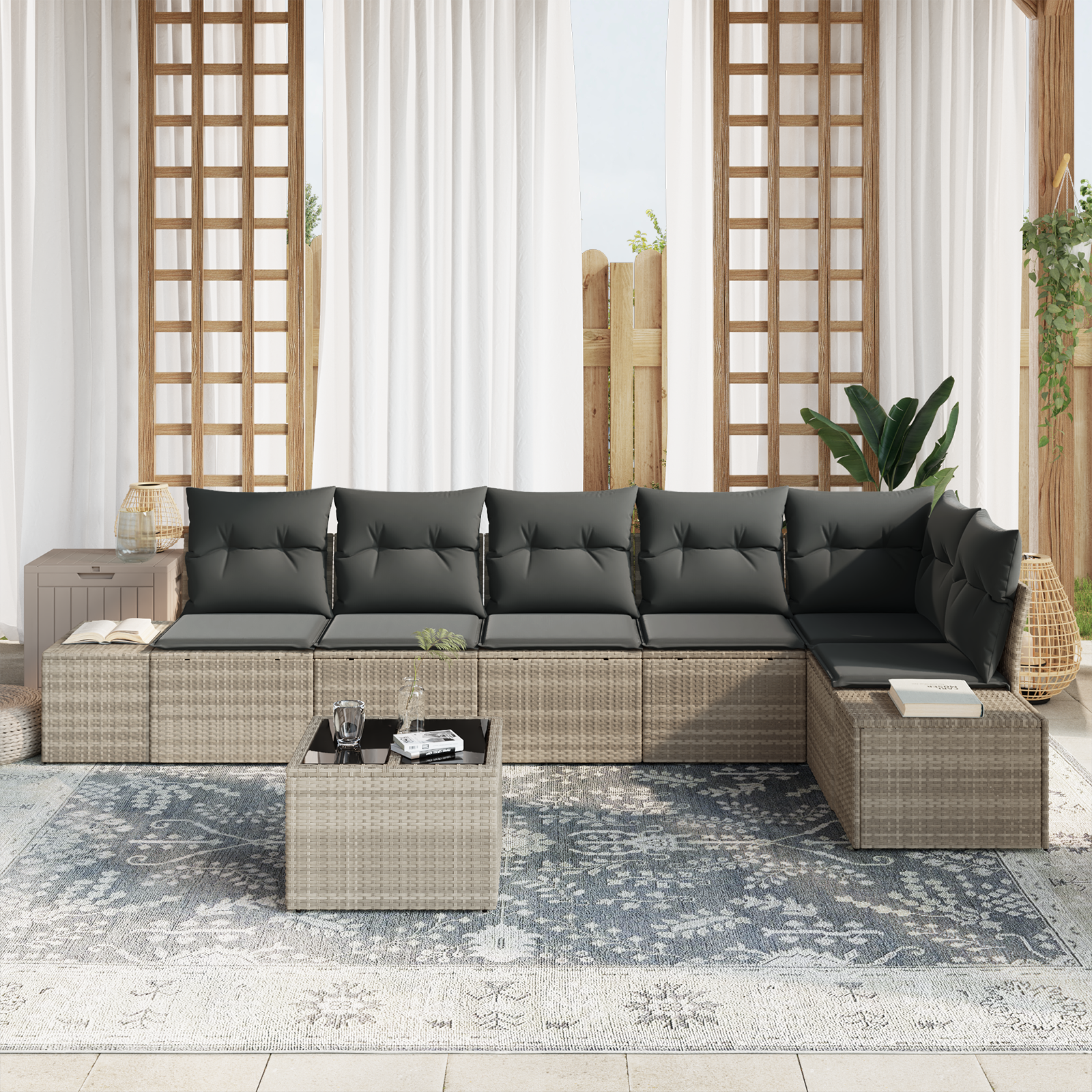 Set Divano da Giardino a 7 Pezzi con Cuscini Grigio Polyrattan