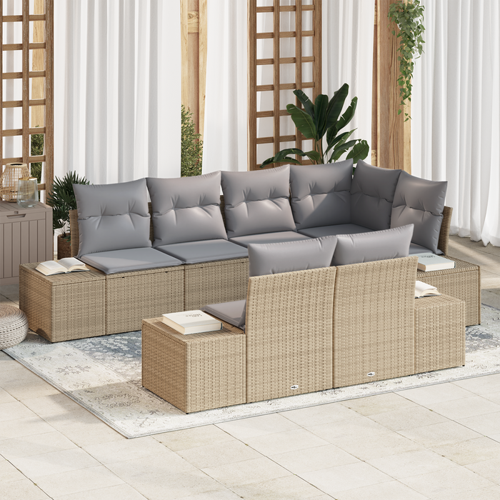 Set Divano da Giardino a 7 Pezzi con Cuscini Beige in Rattan Sintetico