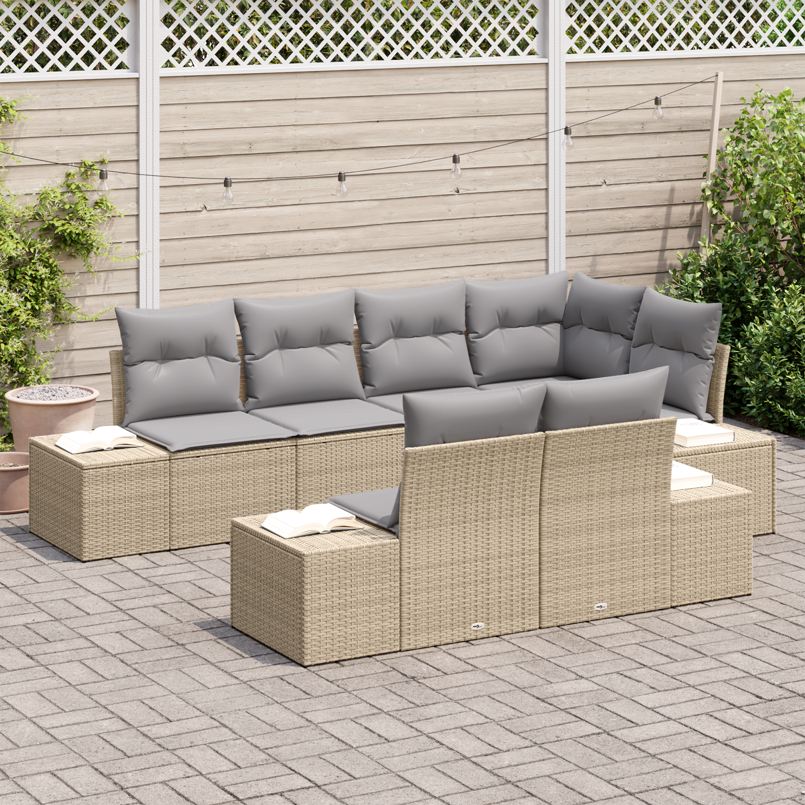 Set Divano da Giardino a 7 Pezzi con Cuscini Beige in Rattan Sintetico