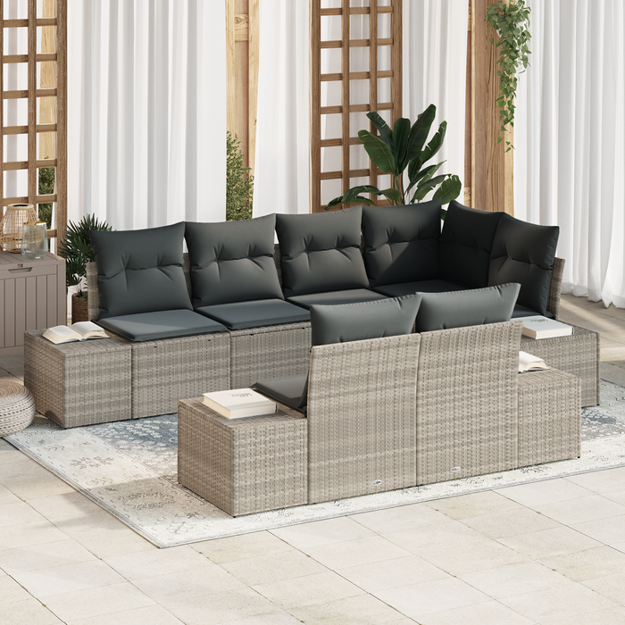 Set di Sofà da Giardino a 7 Pezzi con Cuscini Grigio Chiaro Polyrattan