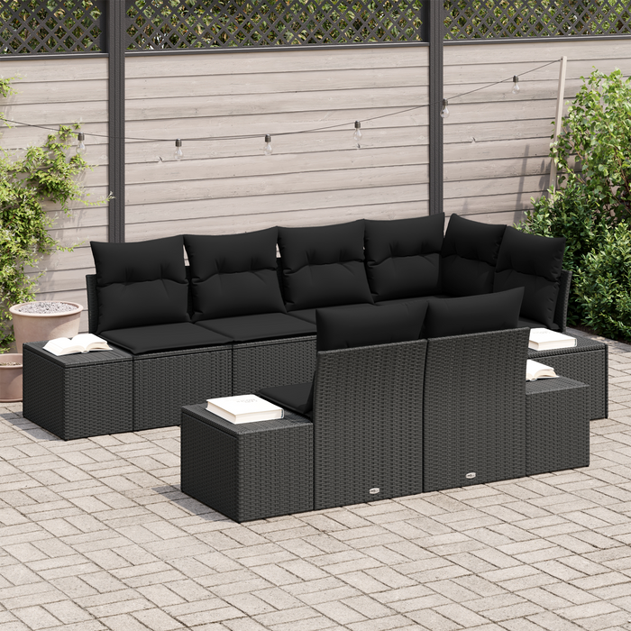 Set di divani da giardino da 7 pezzi con cuscini neri in polyrattan